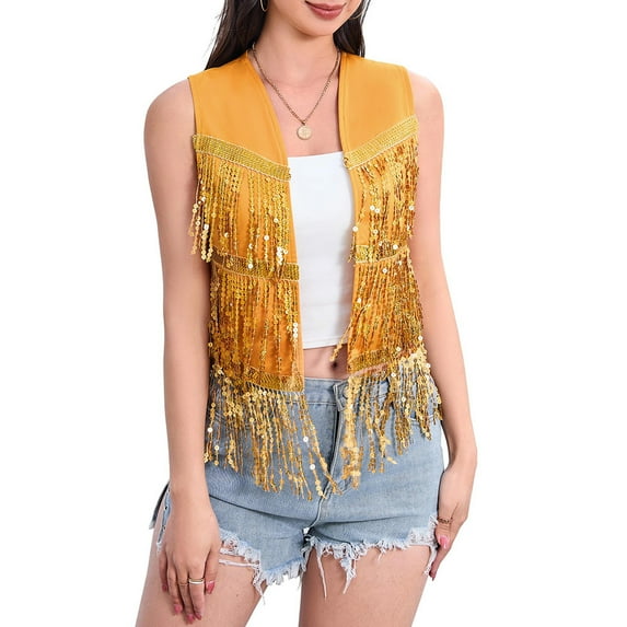 Yesfashion Women's Sequin Fringe Vest 70s Denim Party Prom Rave Hippie Sleeveless Loose Costume