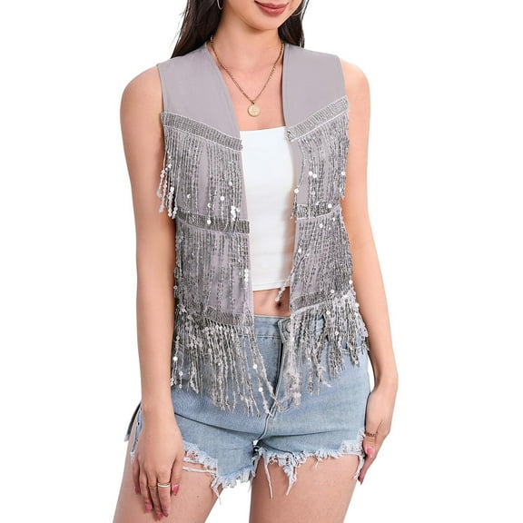 Yesfashion Women's Sequin Fringe Vest 70s Denim Party Prom Rave Hippie Sleeveless Loose Costume