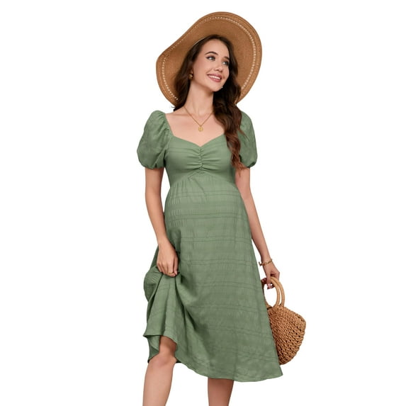 Yesfashion Women's Short Puff Sleeve Maternity Dress Summer Sweetheart Collar Backless Dress