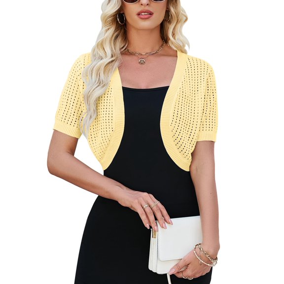 Yesfashion Women's Short Sleeve Cropped Cardigan Open Front Bolero Shrugs for Dresses Crochet Button Down Sweaters