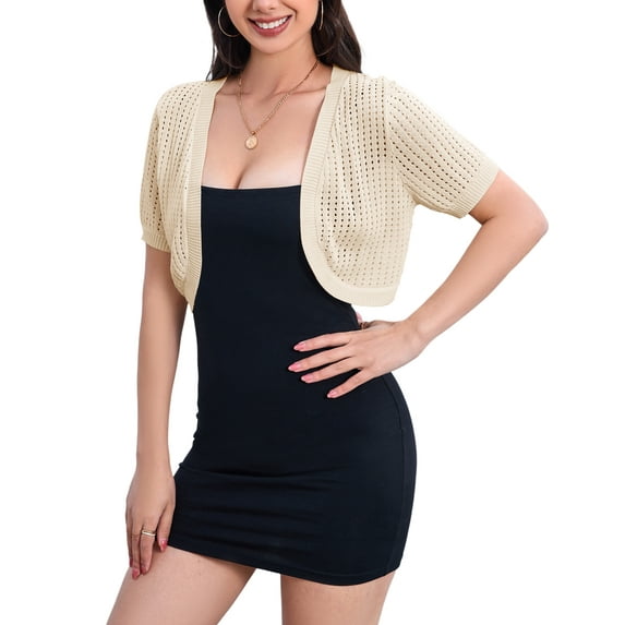 Yesfashion Women's Short Sleeve Cropped Cardigan Open Front Bolero Shrugs for Dresses Crochet Button Down Sweaters
