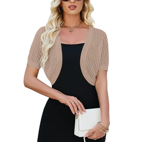 Yesfashion Women's Short Sleeve Cropped Cardigan Open Front Bolero Shrugs for Dresses Crochet Button Down Sweaters