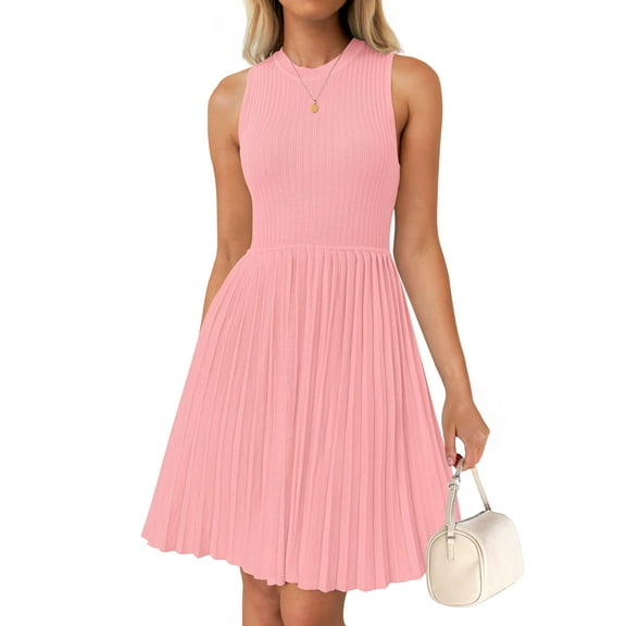 Yesfashion Women's Sleeveless Pleated Dress Ruffle Hem Crew Neck Tank Knitted Elegant Midi Dresses