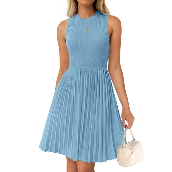 Yesfashion Women's Sleeveless Pleated Dress Ruffle Hem Crew Neck Tank Knitted Elegant Midi Dresses