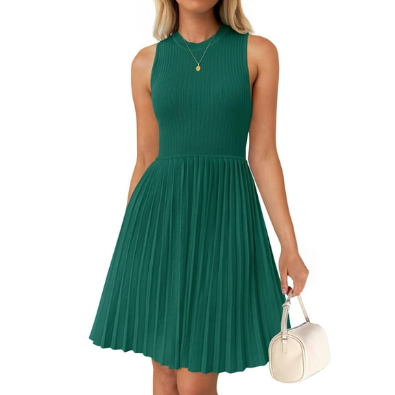 Yesfashion Women's Sleeveless Pleated Dress Ruffle Hem Crew Neck Tank Knitted Elegant Midi Dresses
