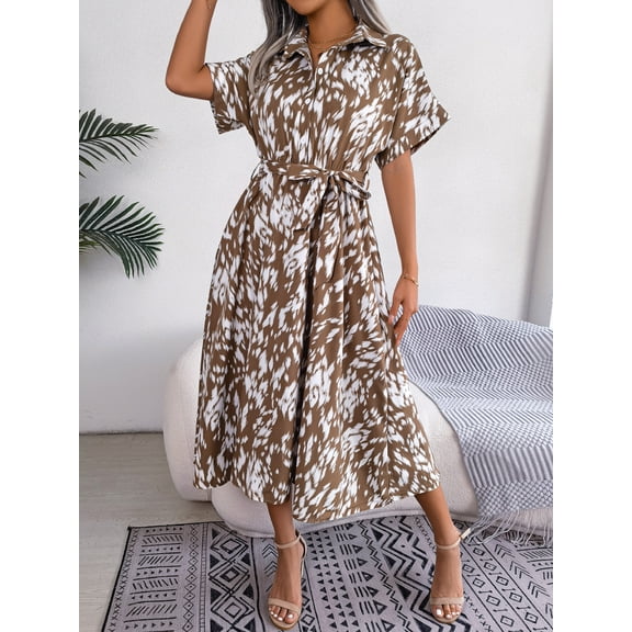 Yesfashion Women's Spring and Summer Printed Button Up Belted Midi Dress Short Sleeve Collar Shirt Dresses