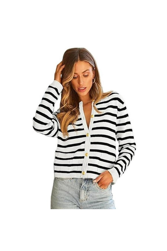 Women's Striped Golden Button Cardigan Sweater Trendy Long Sleeve Button Down Crewneck Knit Cardigans