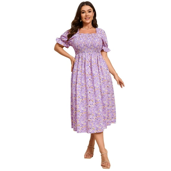 Yesfashion Women's Summer Casual Dresses 2025 Spring Puff Sleeve Square Neck A-line Flowy Floral Smocked Midi Dress