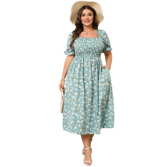 Yesfashion Women's Summer Casual Dresses 2025 Spring Puff Sleeve Square Neck A-line Flowy Floral Smocked Midi Dress