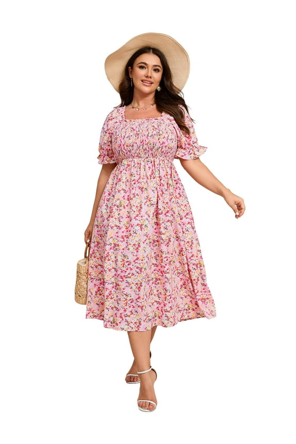 Women's Summer Casual Dresses 2025 Spring Puff Sleeve Square Neck A-line Flowy Floral Smocked Midi Dress
