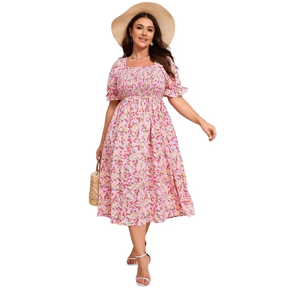 Yesfashion Women's Summer Casual Dresses 2025 Spring Puff Sleeve Square Neck A-line Flowy Floral Smocked Midi Dress