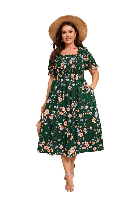 Women's Summer Casual Dresses 2025 Spring Puff Sleeve Square Neck A-line Flowy Floral Smocked Midi Dress