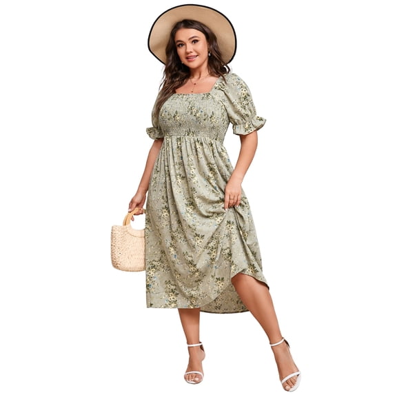 Yesfashion Women's Summer Casual Dresses 2025 Spring Puff Sleeve Square Neck A-line Flowy Floral Smocked Midi Dress