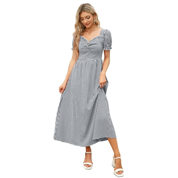 Yesfashion Women's Summer Dress Square Neck Short Sleeve Ruffle Smocked Beach A Line Maxi Dress Green
