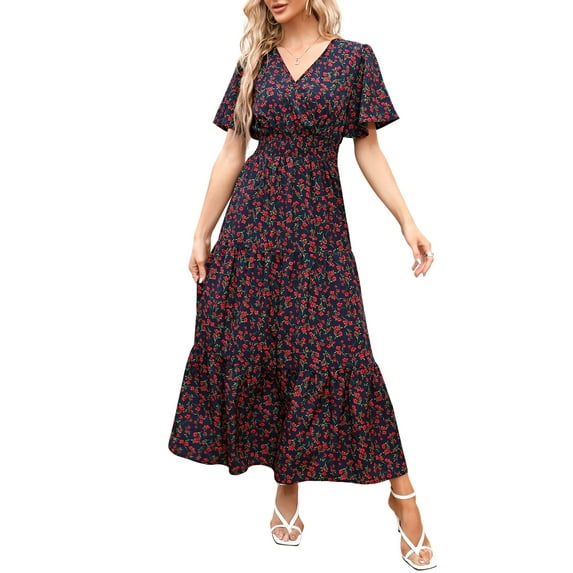 Yesfashion Women's Summer Dresses V-Neck Flutter Sleeve Flowy Short Mini Dress Casual A-Line Ruffle Tiered Swing Dresses