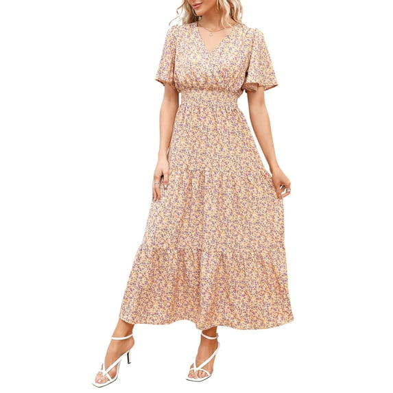 Yesfashion Women's Summer Dresses V-Neck Flutter Sleeve Flowy Short Mini Dress Casual A-Line Ruffle Tiered Swing Dresses