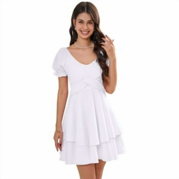 Yesfashion Women's Summer Lantern Sleeve A-Line Mini Dresses Double-Layer Sleeves V-Neck Dress