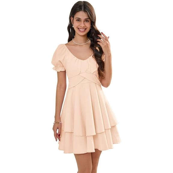 Yesfashion Women's Summer Lantern Sleeve A-Line Mini Dresses Double-Layer Sleeves V-Neck Dress