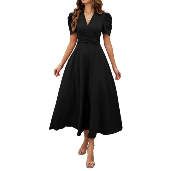 Yesfashion Women's Summer V Neck Short Sleeve Maxi Dress Loose High Waist Flowy Long Beach Dress