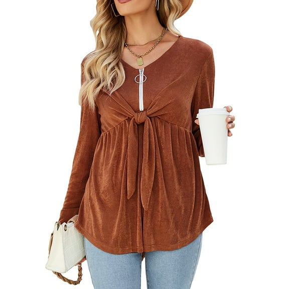 Yesfashion Women's V Neck Blouse Half Zip Up Casual Tunic Shirts Babydoll Chest Tie Knot Shirts