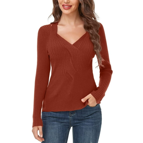 Yesfashion Women's V Neck Criss Cross Twisted Front Knitted Long Sleeve Sweater Twist Pullover Tops