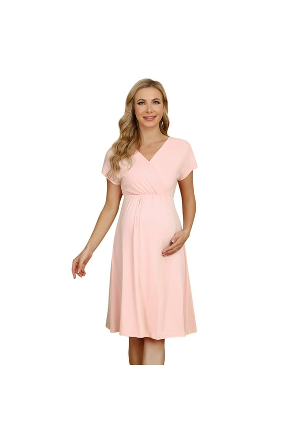 Women's V-neck A-line Knee Length Wrap Dress Swing Maternity Dresses For Baby Shower Or Casual