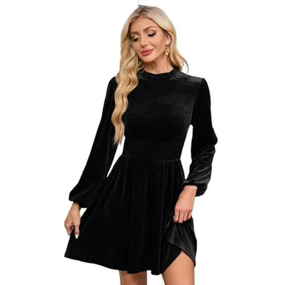 Yesfashion Women's Velvet Dress Elastic Waistline Fall Long Sleeve Wedding Guest Short Wrap Tunic Formal Dress