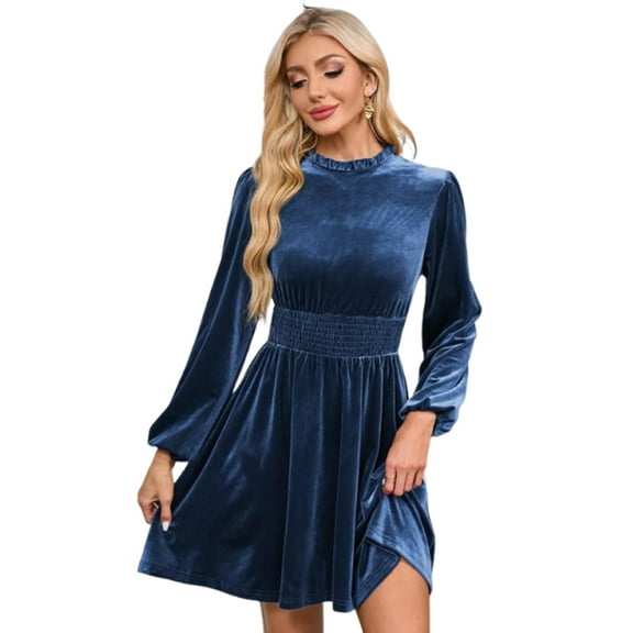 Yesfashion Women's Velvet Dress Elastic Waistline Fall Long Sleeve Wedding Guest Short Wrap Tunic Formal Dress