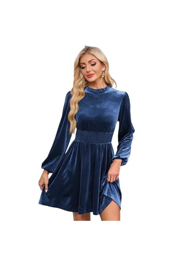 Women's Velvet Dress Elastic Waistline Fall Long Sleeve Wedding Guest Short Wrap Tunic Formal Dress