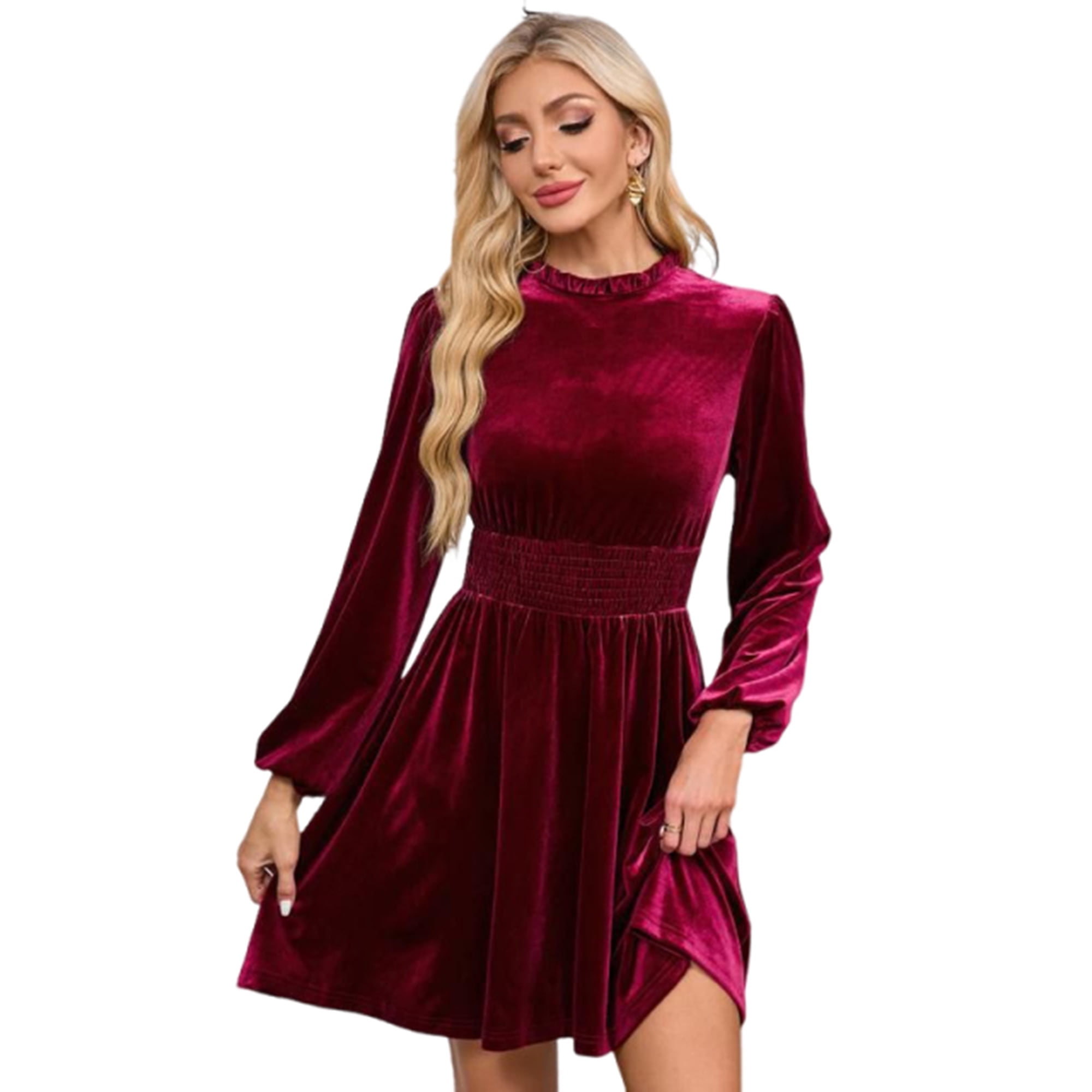 Yesfashion Women's Velvet Dress Elastic Waistline Fall Long Sleeve Wedding  Guest Short Wrap Tunic Formal Dress - Walmart.com