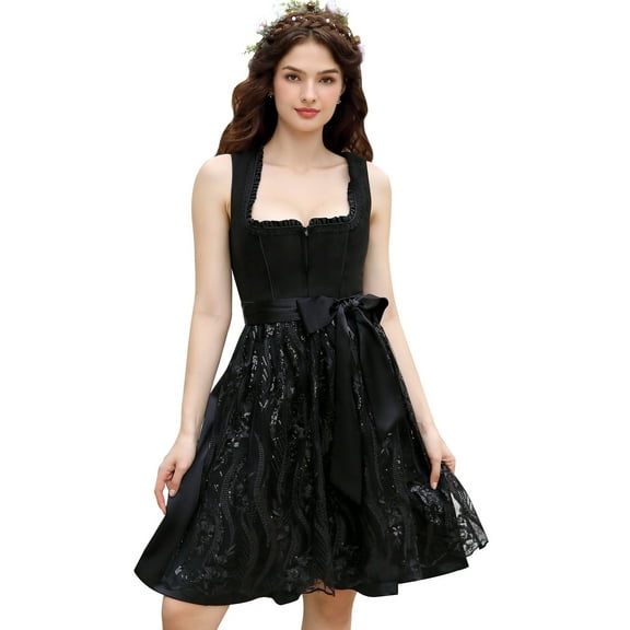 Yesfashion Womens 2 Piece Skirt Set Beer Festival Floral Print Pleated Dress with Apron and Blouse Suit Outfits