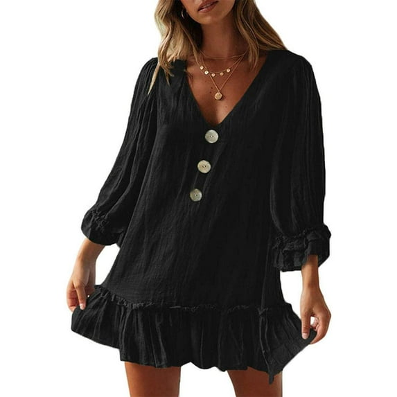 Yesfashion Womens Casual Loose Cotton Linen Long Shirt Dress V Neck Button Cuffed Long Sleeve Dresses