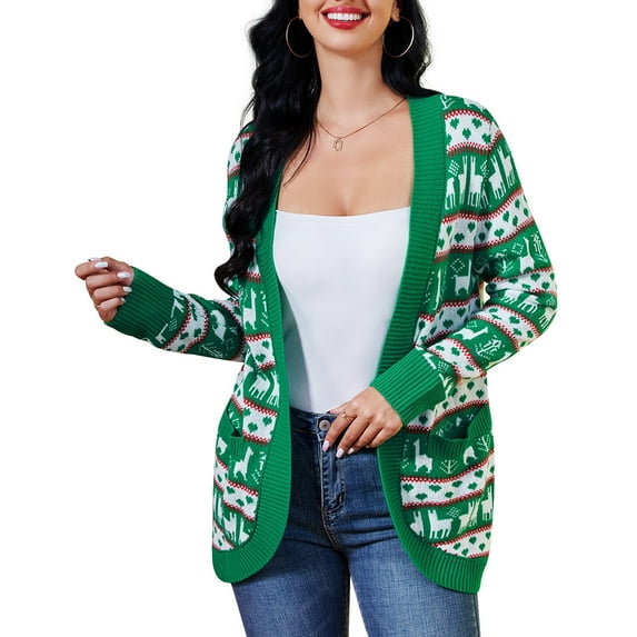 Yesfashion Womens Christmas Ugly Sweater Cardigan Long Sleeve Open Front Casual Lightweight Chunky Knit Jackets