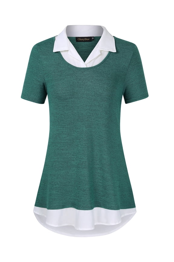 Womens Contrasting Color Collar for Ladies Short Sleeve Lapel Collared Summer Tops Casual Work Basic Tees