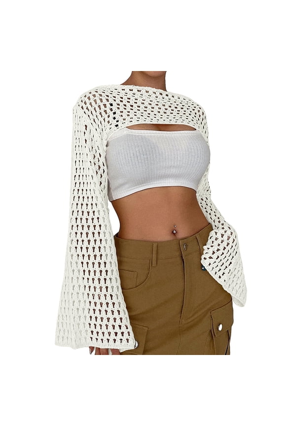 Womens Cropped Sweater Crochet Knit Crop Tops See Through Y2k Knit Sweater Beach Cover Ups