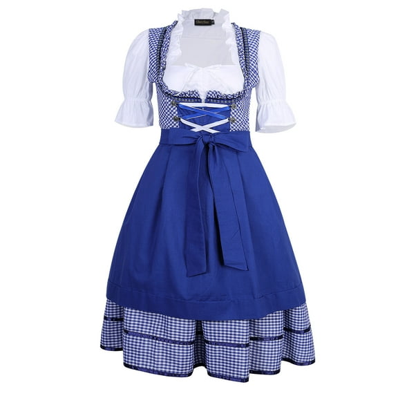 Yesfashion Womens Dresses Oktoberfest Beer Festival Pleated 3 Piece Set Small Checkered Patchwork Dress