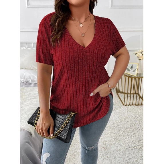 Yesfashion Womens Elegant Plus Size Summer Short Sleeve Sweaters Tops V Neck Cable Knit Lightweight Shirts
