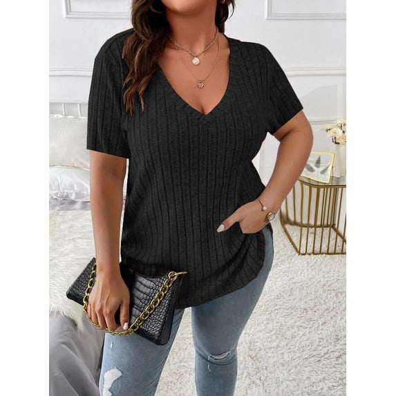 Yesfashion Womens Elegant Plus Size Summer Short Sleeve Sweaters Tops V Neck Cable Knit Lightweight Shirts