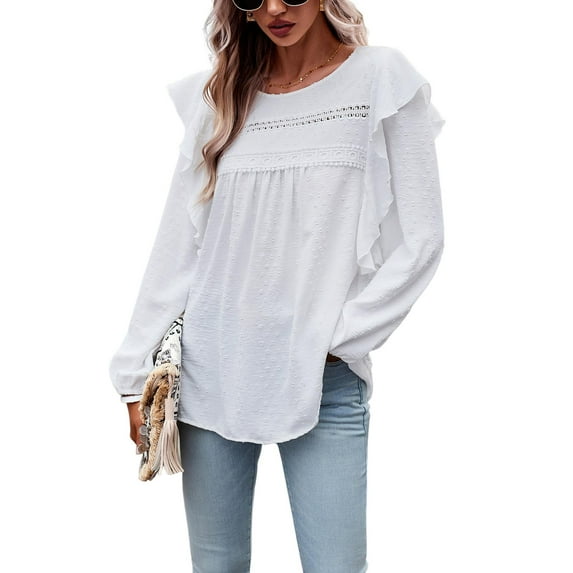 Yesfashion Womens Fall Tops Flowy Lace Hem Trendy 2025 Crewneck Long Sleeve Shirts Casual Chiffon Blouses