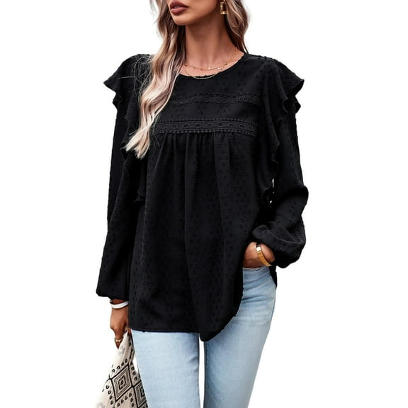 Yesfashion Womens Fall Tops  Flowy Lace Hem Trendy 2025 Crewneck Long Sleeve Shirts Casual Chiffon Blouses