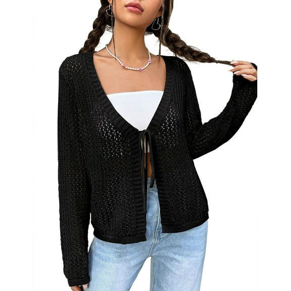Yesfashion Womens Lightweight Crochet Cardigan Shrugs Knit Crop Tops Mesh Sweaters Summer Beach Cover Up