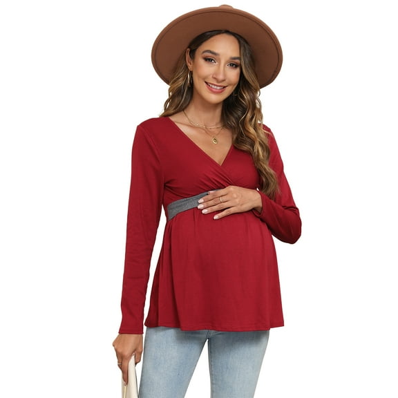 Yesfashion Womens Maternity Shirts Long Sleeve Pregnancy Tops Casual V Neck Knit Pregnant Blouses