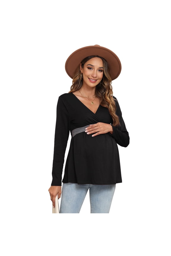 Womens Maternity Shirts Long Sleeve Pregnancy Tops Casual V Neck Knit Pregnant Blouses