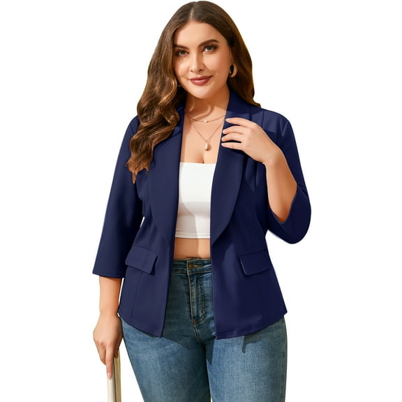 Yesfashion Womens Plus Size Casual Pocketed Blazer Office Open Front 3/4 Sleeve Cardigans Jacket Work Suit