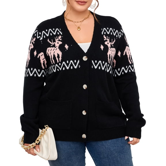 Yesfashion Womens Plus Size Christmas Cardigan Reindeer Button Knit Open Front Cute Sweater for Holiday Party