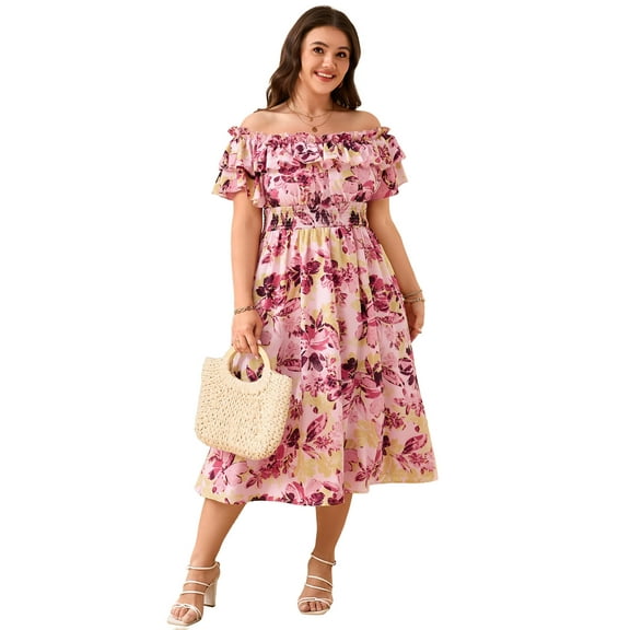 Yesfashion Womens Plus Size Dresses Floral Print Short Sleeve Square Neck Tie Maxi Dresses