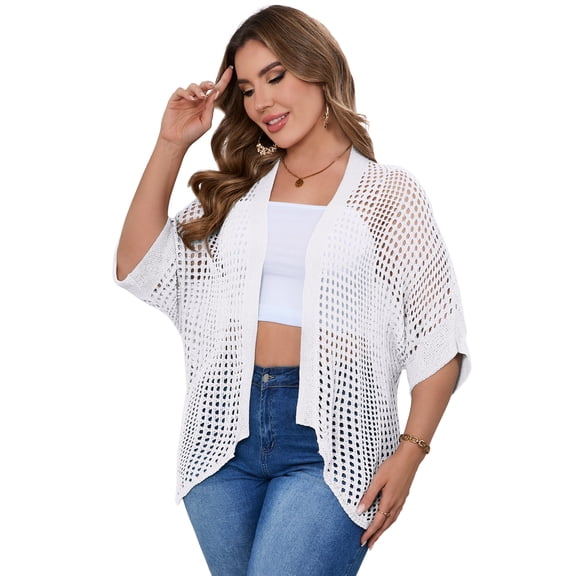 Yesfashion Womens Plus Size Lightweight Open Front Cardigan Casual Loose Knit 3/4 Sleeves Outwear for All Seasons