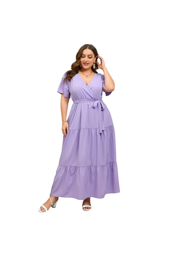 Womens Plus Size V Neck Wrap Maxi Dress High Waist Ruffle Summer Casual Dress With Belt