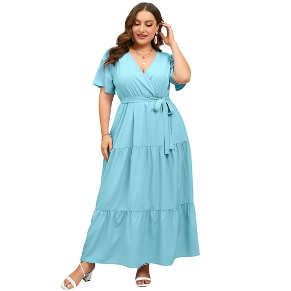 Yesfashion Womens Plus Size V Neck Wrap Maxi Dress High Waist Ruffle Summer Casual Dress With Belt