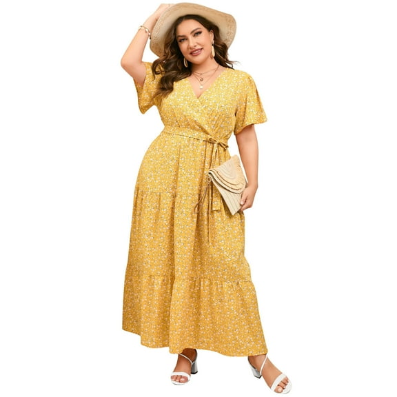 Yesfashion Womens Plus Size V Neck Wrap Maxi Dress High Waist Ruffle Summer Casual Dress With Belt